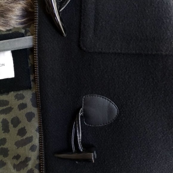 BCBG Black Hooded Wool Coat XS Detachable Realistic Faux Fur - Picture 11 of 14